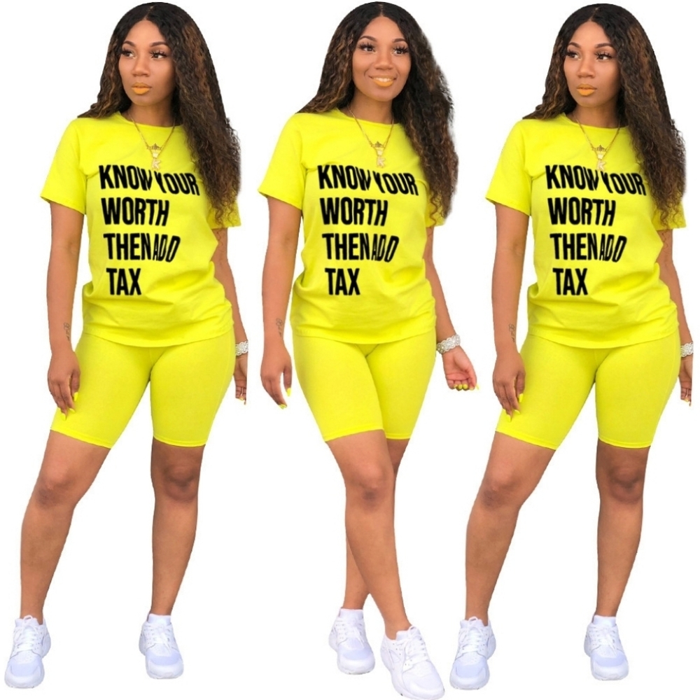 Casual T-shirt and Biker Short set, Yellow, XL